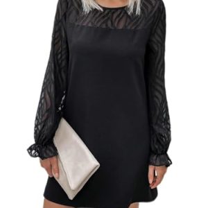 31brwJA-WGL.jpg Women's Dress Contrast Mesh Flare Sleeve Tunic Dress - Casual Short Dress with Flare Sleeves and Contrast Mesh Details Dress
