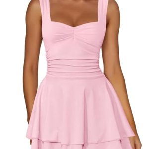 31lRmn-M4oL.jpg Women's Square Neck Sleeveless Mini Dress Ruched Waist Tiered Ruffle Hem A Line Short Dresses