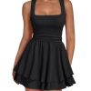 31uuMuD49kL.jpg Women's Square Neck Summer Party Flowy Ruffle Hem Ruched Waist Mini Dress