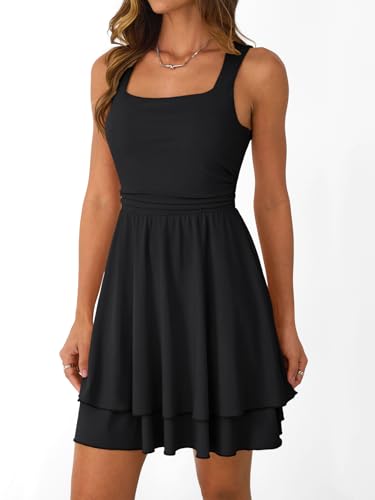 41-LuQD8jjL.jpg Women's Square Neck Summer Party Flowy Ruffle Hem Ruched Waist Mini Dress