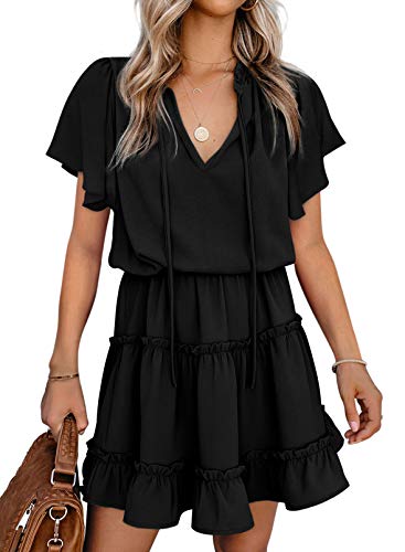 Womens Spring Summer 2025 Short Sleeve Split V Neck Ruffle Chiffon Elegant Mini Short Skirt Dresses