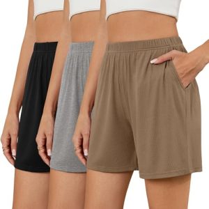 3 Pack Women's Casual Shorts Lounge Soft Summer Ribbed Elastic High Waisted Shorts Pocket Workout Athletic SweatShorts