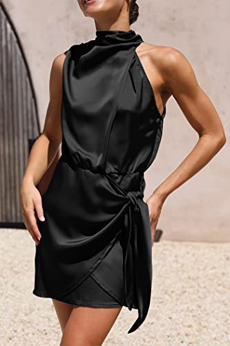 Women's Short Formal Satin Dress Summer Sleeveless Mock Neck Tie Waist Cocktail Party Dresses