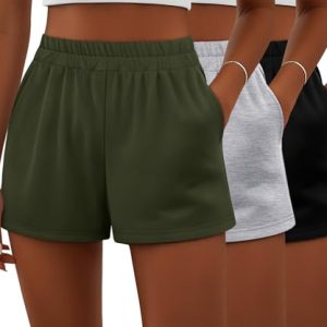 3 Pack Women's Sweat Shorts, Elastic High Waist Casual Summer Lounge Cotton Comfy Athletic Shorts with Pockets