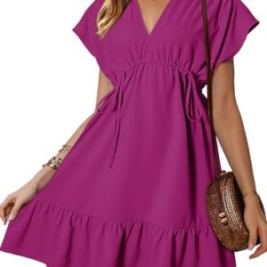41cZKmLIWCL.jpg Womens Summer Dresses 2025 Short Sleeve V Neck Empire Waist Drawstring Casual Ruffle A-Line Swing Mini Babydoll Dress