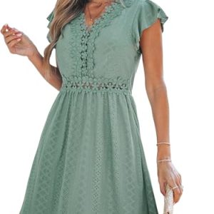 41dRWcIIXYL.jpg Summer Dress for Women Casual Spring V Neck Lace Appliques Cap Sleeves Hollow Out Beach Mini Dress