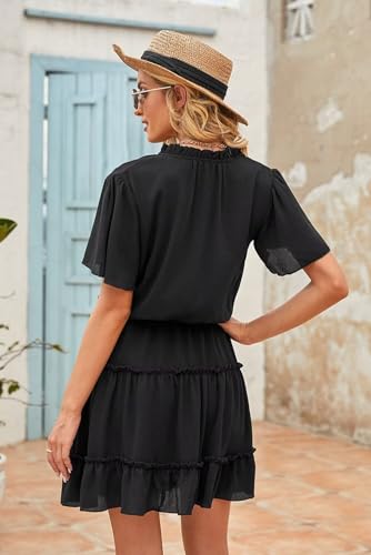 Womens Spring Summer 2025 Short Sleeve Split V Neck Ruffle Chiffon Elegant Mini Short Skirt Dresses
