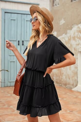 Womens Spring Summer 2025 Short Sleeve Split V Neck Ruffle Chiffon Elegant Mini Short Skirt Dresses