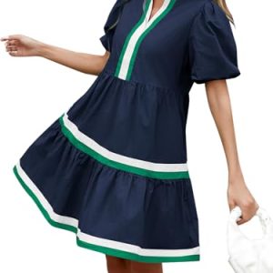41stds-bEsL.jpg Womens Puff Sleeve Babydoll Dress V Neck Navy Blue Striped Color Block Tiered Mini Dresses