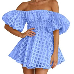 41wSnZYgJtL.jpg Women's Off The Shoulder Babydoll Dress Short Puff Sleeve Casual A Line Ruffle Summer Dresses