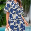 Women's Summer Button Down Shirt Dress Floral Puff Short Sleeve Casual Loose Fit Beach Mini Dresses