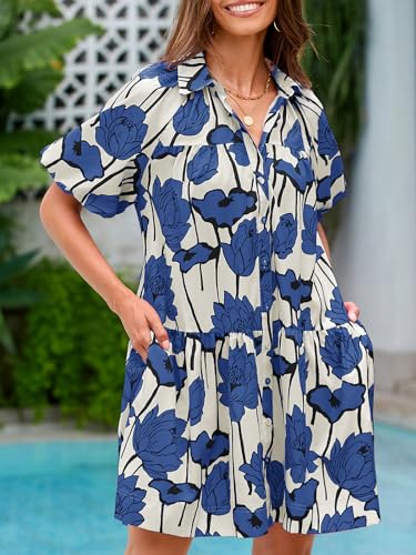 Women's Summer Button Down Shirt Dress Floral Puff Short Sleeve Casual Loose Fit Beach Mini Dresses