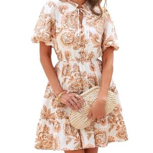 51DzoC3SX-L.jpg Women Summer Floral Short Dresses V Neck Short Sleeve Tiered Ruffle Boho Swing Dress A-Line Mini Dresses