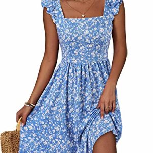Summer Casual Cute Floral Flowy Square Neck Sundressses with Pocket Beach Dress for Women