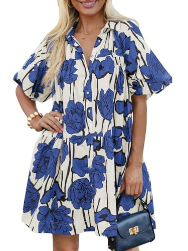 Women's Summer Button Down Shirt Dress Floral Puff Short Sleeve Casual Loose Fit Beach Mini Dresses
