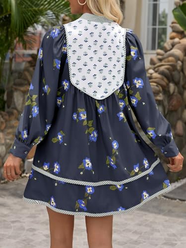 Womens Casual Floral Mini Dress 2025 Fall Long Sleeve V Neck Patchwork Loose Boho Shirt Dresses