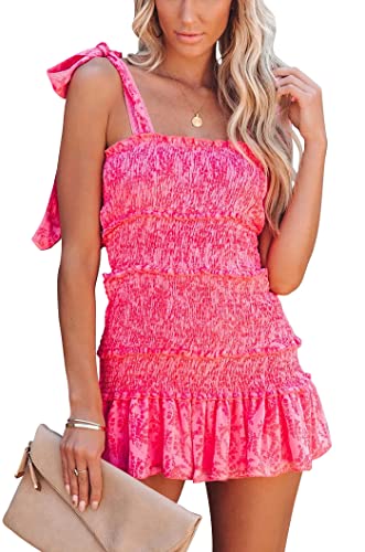 51o5paCnTfL.jpg Women's Summer Floral Spaghetti Strap Square Neck Ruffle Tie Mini Smocked Dress