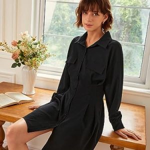 51qzt848jbL.jpg Women's Dress Drop Shoulder Flap Detail Shirt Dress - Casual Long Sleeve Button Front Short Dress Dress IPADSA(X-Small)