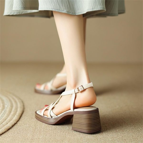 CSCDD Versatile Full Leather Round Toe Thick Sole Thick High Heeled Leather Roman Sandals For Women