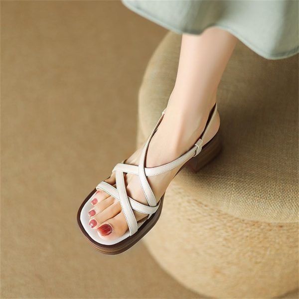 CSCDD Versatile Full Leather Round Toe Thick Sole Thick High Heeled Leather Roman Sandals For Women